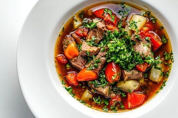 Hungarian lecsÃ³ stew served in a white bowl, vibrant colors of peppers, tomatoes, and onions, garnished with parsley.