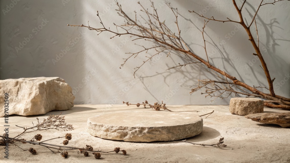 Poster a natural stone podium sits against a backdrop of weathered branches and soft sunlight casting gentl