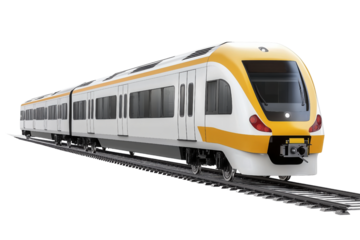 Modern yellow and white passenger express train moving on railway track, isolated on transparent background, ideal for travel and transportation projects
