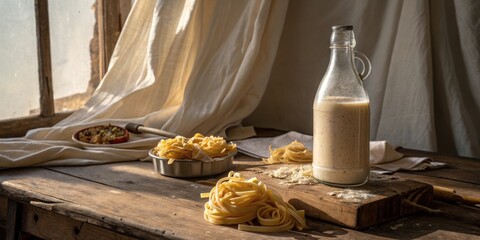 A Simple Still Life of Uncooked Pasta, Cream, and Flour on a Rustic Wooden Table