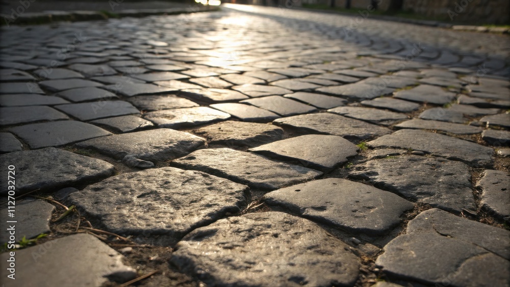 Poster a close-up of a cobblestone path with sunlight illuminating the stones, casting a warm glow on the t