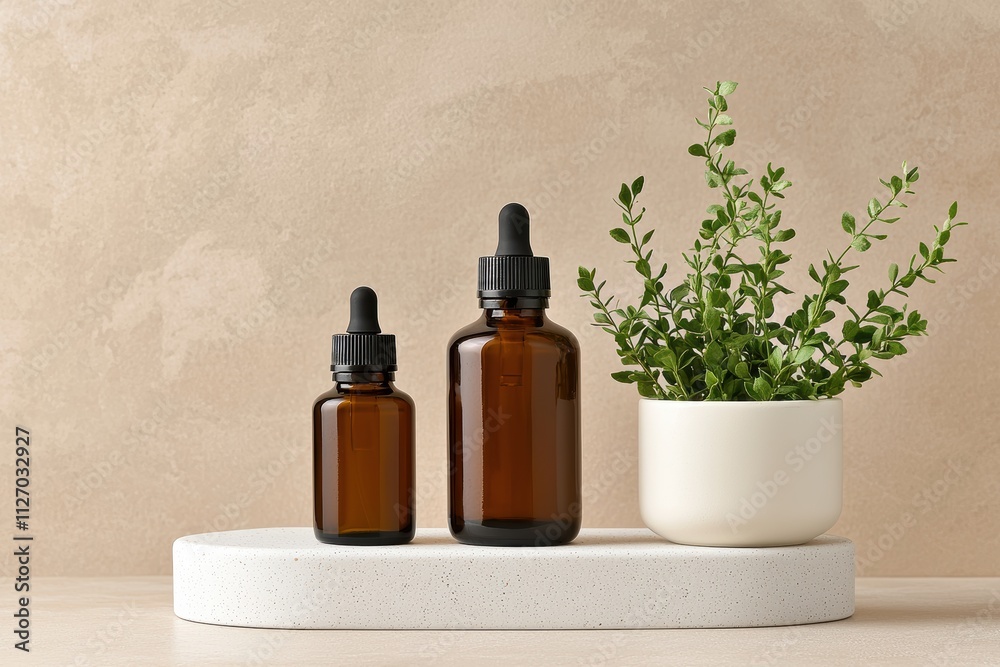 Poster Essential oils resting on scandinavian-style platform with neutral backdrop