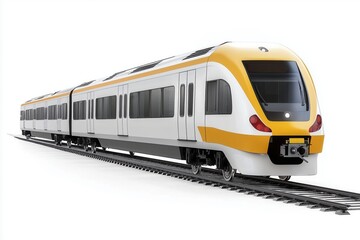 Naklejka premium Modern yellow and white passenger express train moving on railway track, isolated on transparent background, ideal for travel and transportation projects