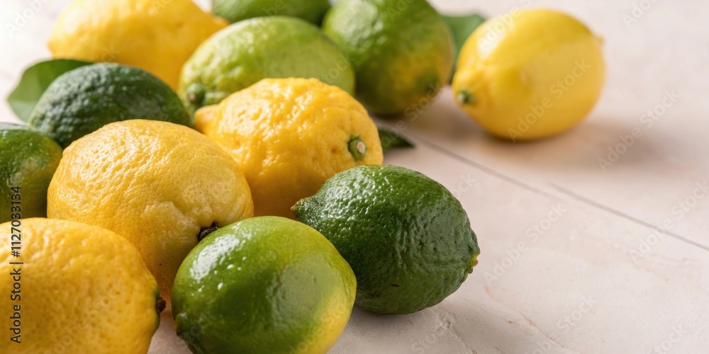 Poster a group of limes and lemons lay on a light table, showing their freshness and ripe appearance