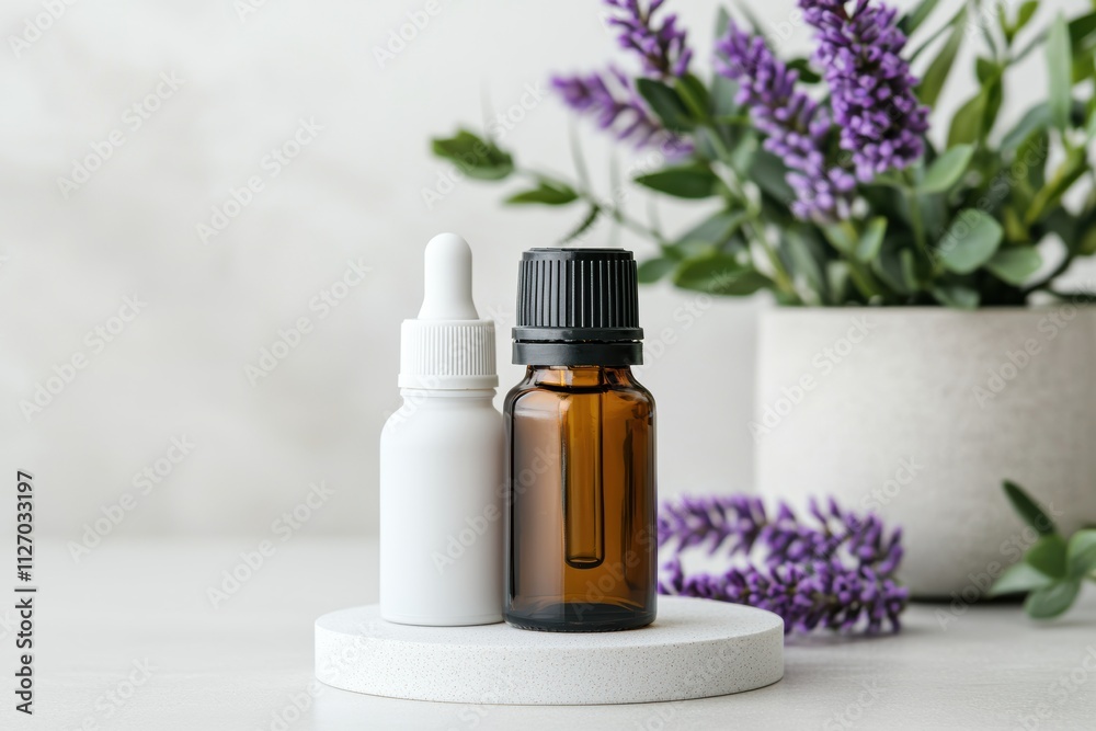 Poster essential oils resting on scandinavian-style platform with lavender bouquet