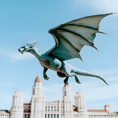 Majestic Dragon Soaring Over A Tall Castle With Elaborate Architecture And Clear Blue Sky In The Background Showcasing Fantasy Elements And Imagination