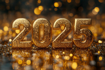 Gold number 2025 is surrounded by sparks. Concept of excitement and celebration Happy New year