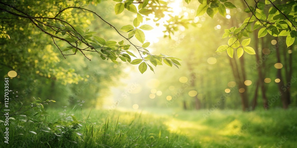 Poster sunlight filtering through lush foliage in a verdant woodland setting, casting a warm glow on the gr