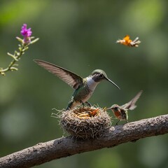 A hummingbird feeding its chicks while hovering at its tiny nest.