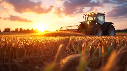 Sunset Plowing: Agricultural Tractor at Work in a Harvested Field. Generative AI