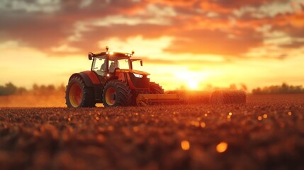 Obraz premium Dramatic Sunset Over Farm: Tractor at Work in Field. Generative AI