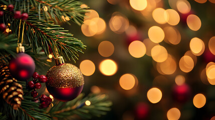 Festive Christmas ornaments adorn a decorated evergreen tree