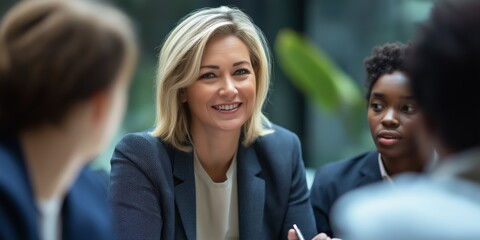 Obraz premium A woman in a suit is smiling at a group of people. The group is composed of three women and one man. The woman in the suit is the center of attention, and the others are looking at her