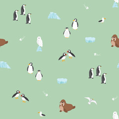 Polar animals seamless pattern. Cute Cartoon arctic animals background. Vector Illustration.