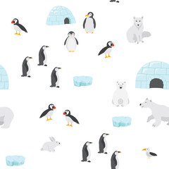 Polar animals seamless pattern. Cute Cartoon arctic animals background. Vector Illustration.
