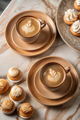 Two melange coffees with latte art served alongside mini semla pastries on a marble table. A cozy and elegant Swedish fika moment in soft mocha mousse tones, perfect for indulgent gatherings.