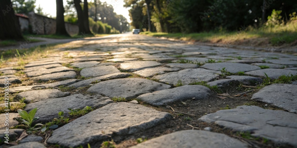 Poster a perspective view of a cobblestone pathway, with green grass growing between the stones, creating a