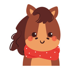 cute hand drawing cartoon horse wearing red scarf. cute bear drawing for winter sticker, icon