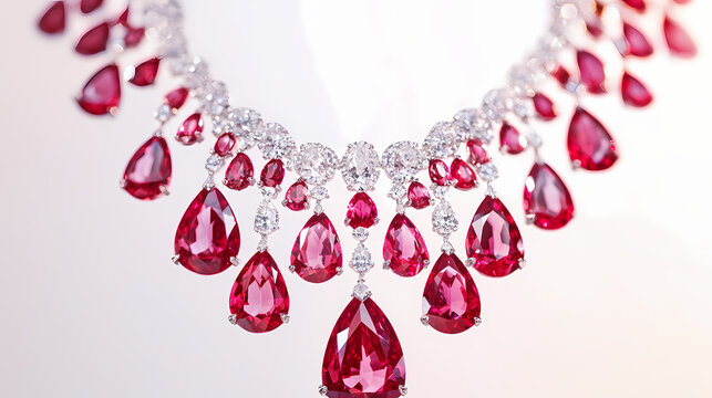 Magnificent ruby and diamond necklace featuring a cascade of deep-red faceted stones with free copy space. Cascade. Illustration