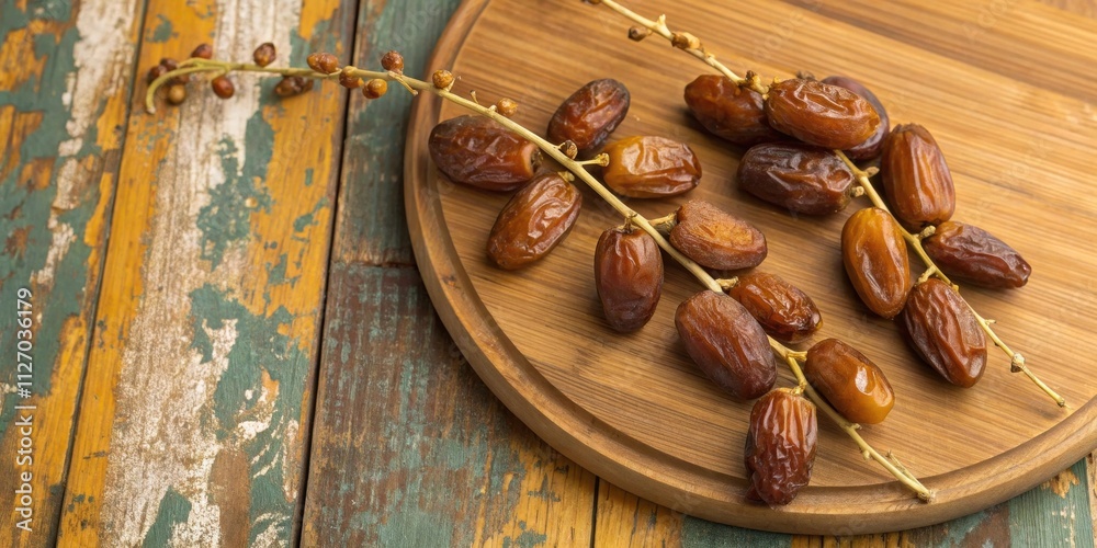 Poster a cluster of dried dates on wooden branches, arranged on a wooden platter, against a weathered rusti