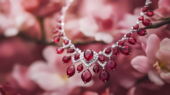 Magnificent ruby and diamond necklace featuring a cascade of deep-red faceted stones with free copy space. Cascade. Illustration