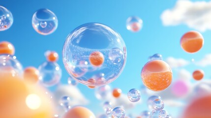 Ephemeral dance, a captivating display of translucent spheres drifting across the azure sky