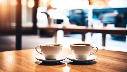 Vintage filter, couple of White coffee cup on wood table with bl 