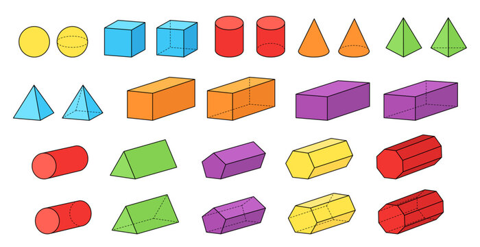 Colorful 3d Shaded Geometric Solid Forms and Shapes Clipart, Geometry and Math Illustrations, with Dashed Lines on a Transparent Background