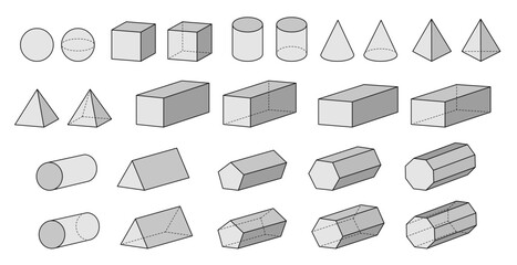 3d Shaded Geometric Solid Forms and Shapes Clipart, Geometry and Math Illustrations, with Dashed Lines on a Transparent Background