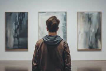 young man at a modern art gallery with abstract paintings behind him