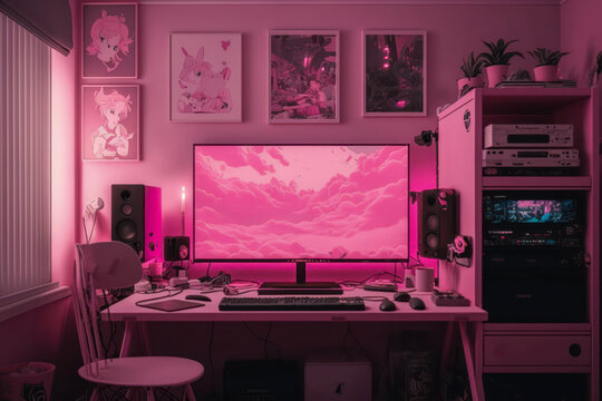 Room of a teenage girl. Games room illuminated with leds. Created with generative AI technology.