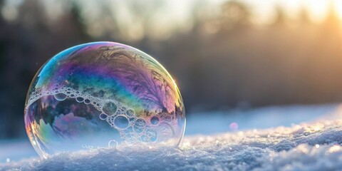A shimmering soap bubble reflects a winter scene, capturing the delicate beauty of nature's frost-covered landscape