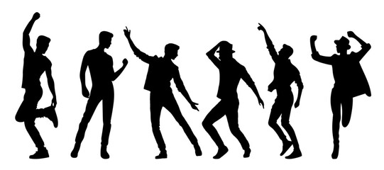 Set of flat silhouettes of dancing men. dancer guy man silhouette vector dance set black male pose group isolated on white background