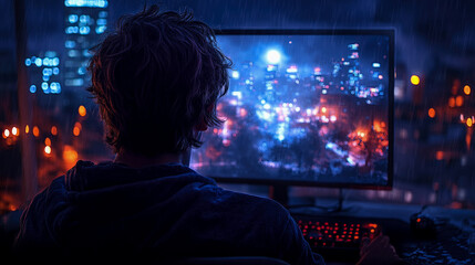 A person sits at a glowing computer screen lost in a gaming adventure as rain splatters against the window, showcasing an urban night view