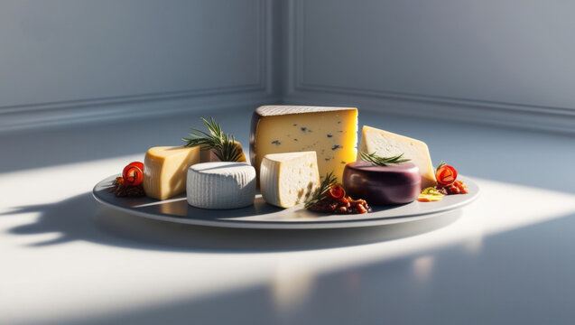 Close up of didderent sort of cheese lying on the white plate  on the tavle on white backgrond