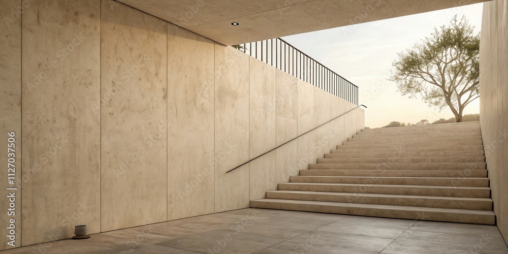 Fototapete a minimalist staircase with a beige concrete wall and a railing leading to a view of a single tree i