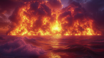 Naklejka premium A powerful volcanic eruption casts vivid flames and dark clouds across the ocean, creating a stunning display of light and color during sunset