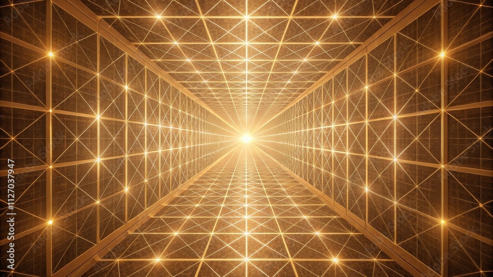 Poster a futuristic golden corridor illuminated by glowing grids and a bright light at the end