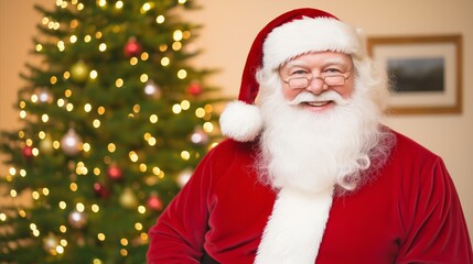 Santa Claus is smiling and wearing a red suit