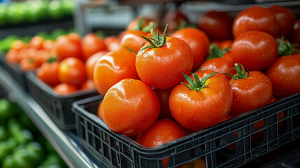 Ripe red tomatoes are displayed in neat stacks within baskets at a grocery store, showcasing fresh produce during the day