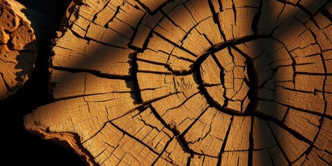 Detailed Texture of a Weathered Tree Trunk Cross Section Showing Sunlit Rings and Cracks