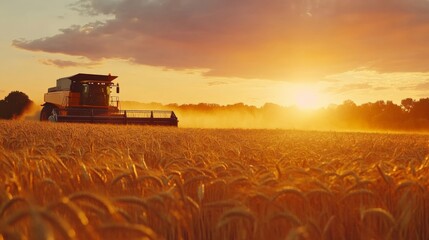 Fototapeta premium Beautiful sunset over golden wheat field with a combine harvester working, capturing the essence of harvest season.