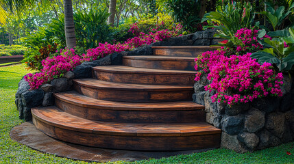 Naklejka premium Elegant wooden steps wind through a lush garden adorned with bright pink flowers, creating a charming and inviting outdoor space