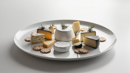 Close up of different sort of cheese lying on the white plate  on the table on white backgrond