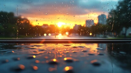 City Sunset Reflections Through a Rain-Splattered Window. Generative AI
