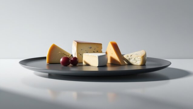 Close up of didderent sort of cheese lying on the white plate  on the tavle on white backgrond
