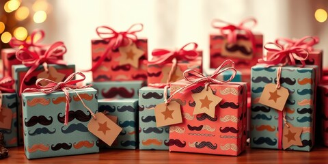A collection of festively wrapped gifts featuring a mustaches and stars design, tied with ribbons and gift tags