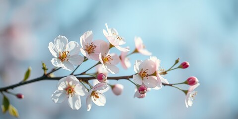 Delicate Pink and White Blossoms on a Branch Against a Soft Blue Sky