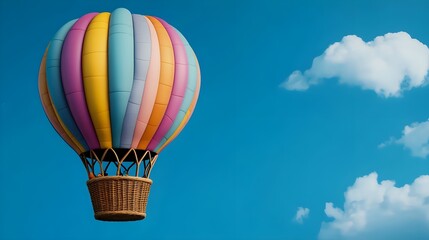 Naklejka premium Colorful Hot Air Balloon Floating in a Clear Blue Sky with Soft White Clouds in the Background, Perfect for Adventure and Travel Themes