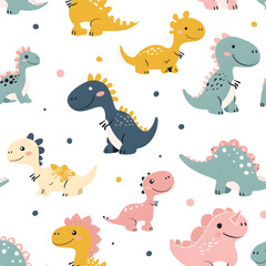 Naklejka premium Playful dinosaurs and leaves in soft colors, seamless pattern, white background, concept of whimsical kid-friendly design